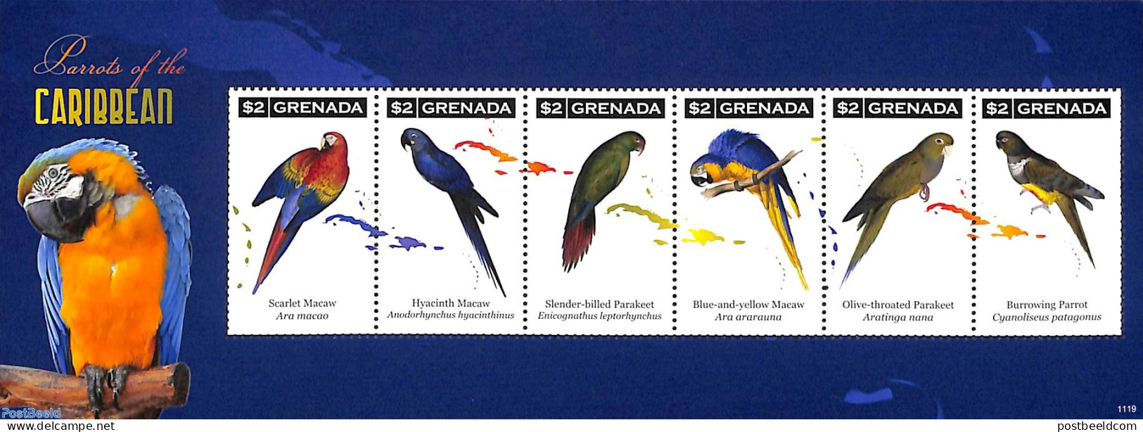 Grenada 2011 Parrots Of The Caribbean 6v M/s, Mint NH, Nature - Various - Birds - Parrots - Maps - Géographie