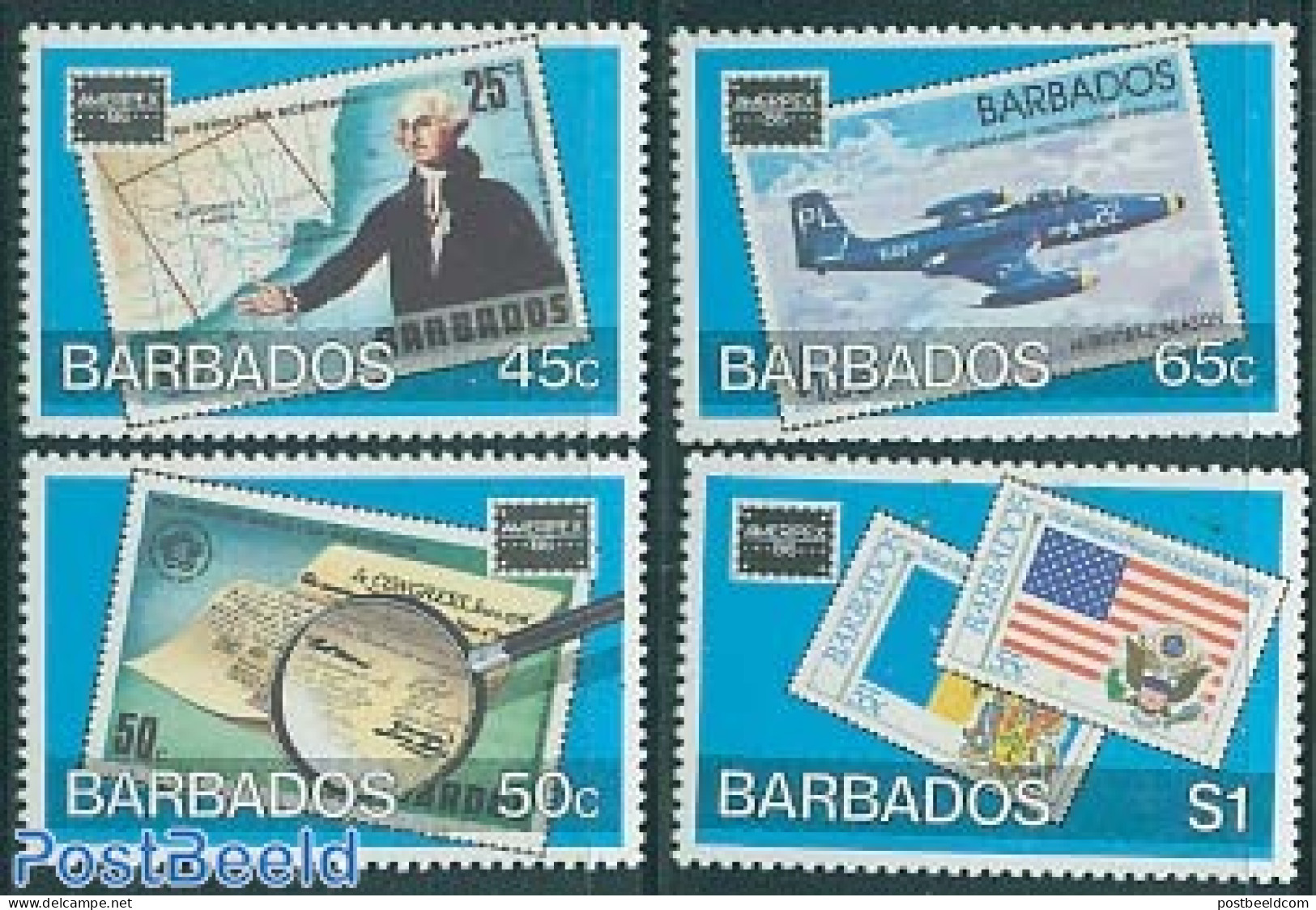 Barbados 1986 Ameripex 4v, Mint NH, Transport - Stamps On Stamps - Aircraft & Aviation - Timbres Sur Timbres