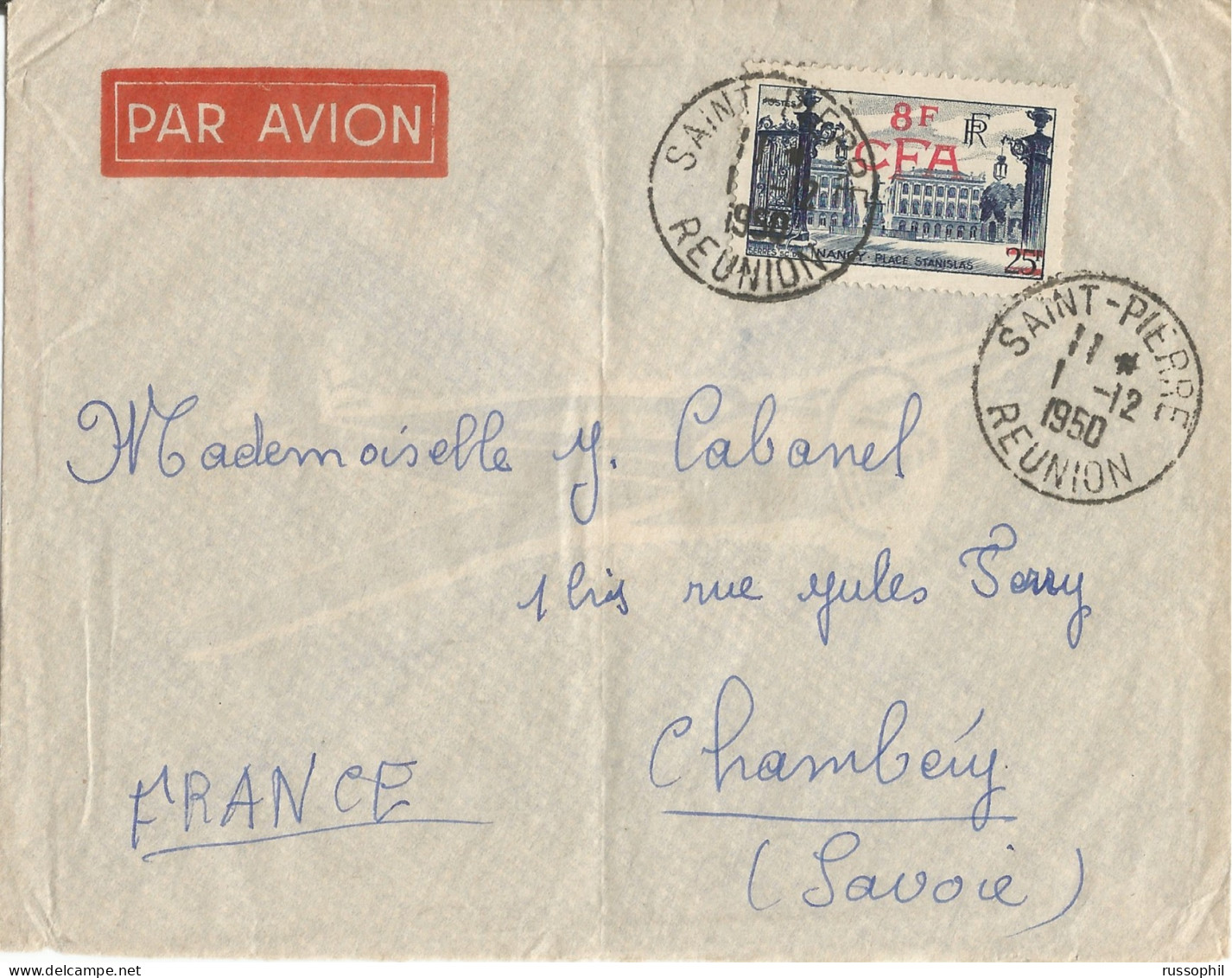 REUNION - OVERCHARGED 8 F CFA STAMP FRANKING AIR COVER FROM SAINT PIERRE TO MAINLAND FRANCE - 1950  - Lettres & Documents