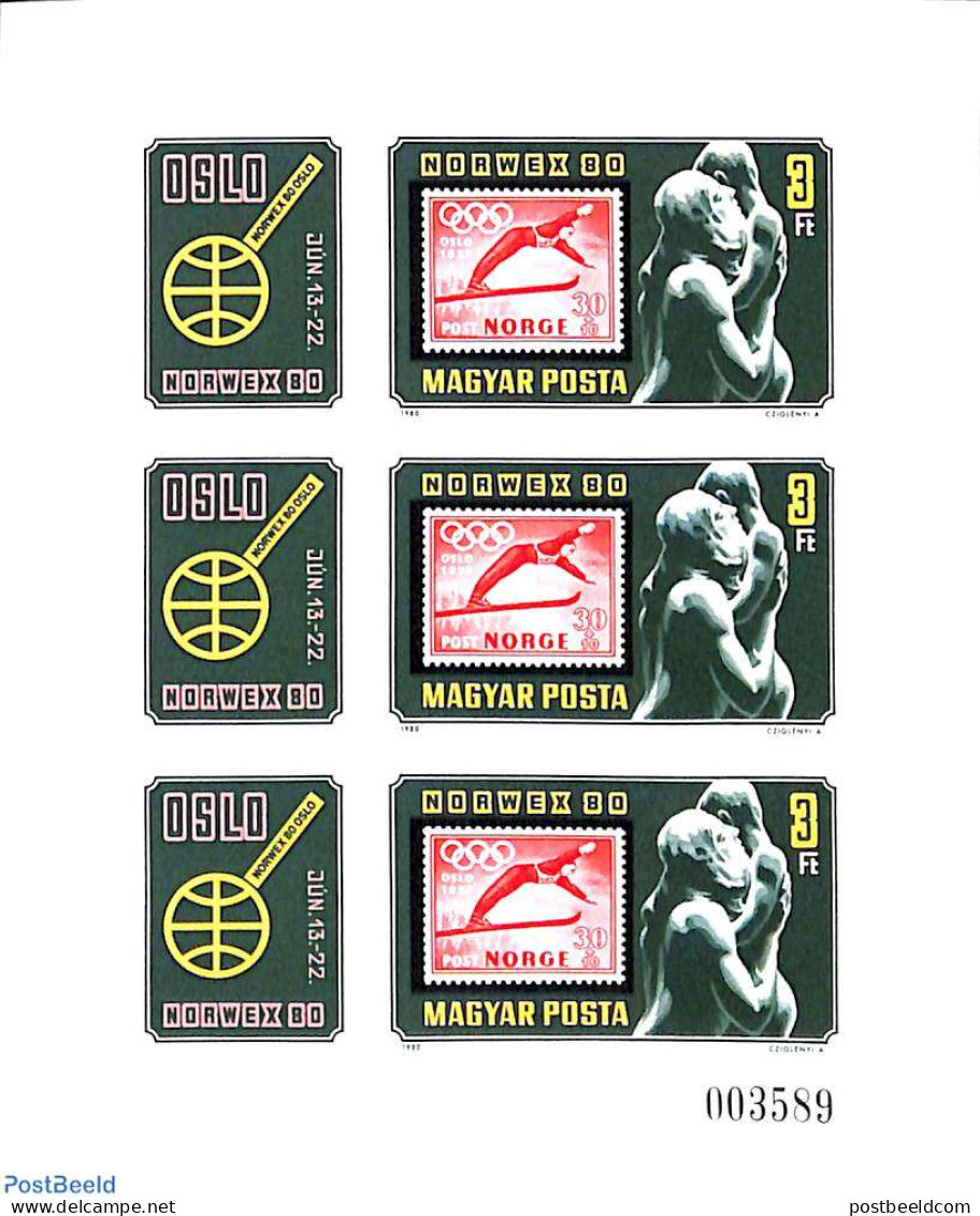 Hungary 1980 NORWEX M/s Imperforated, Mint NH, Sport - Skiing - Philately - Stamps On Stamps - Nuevos