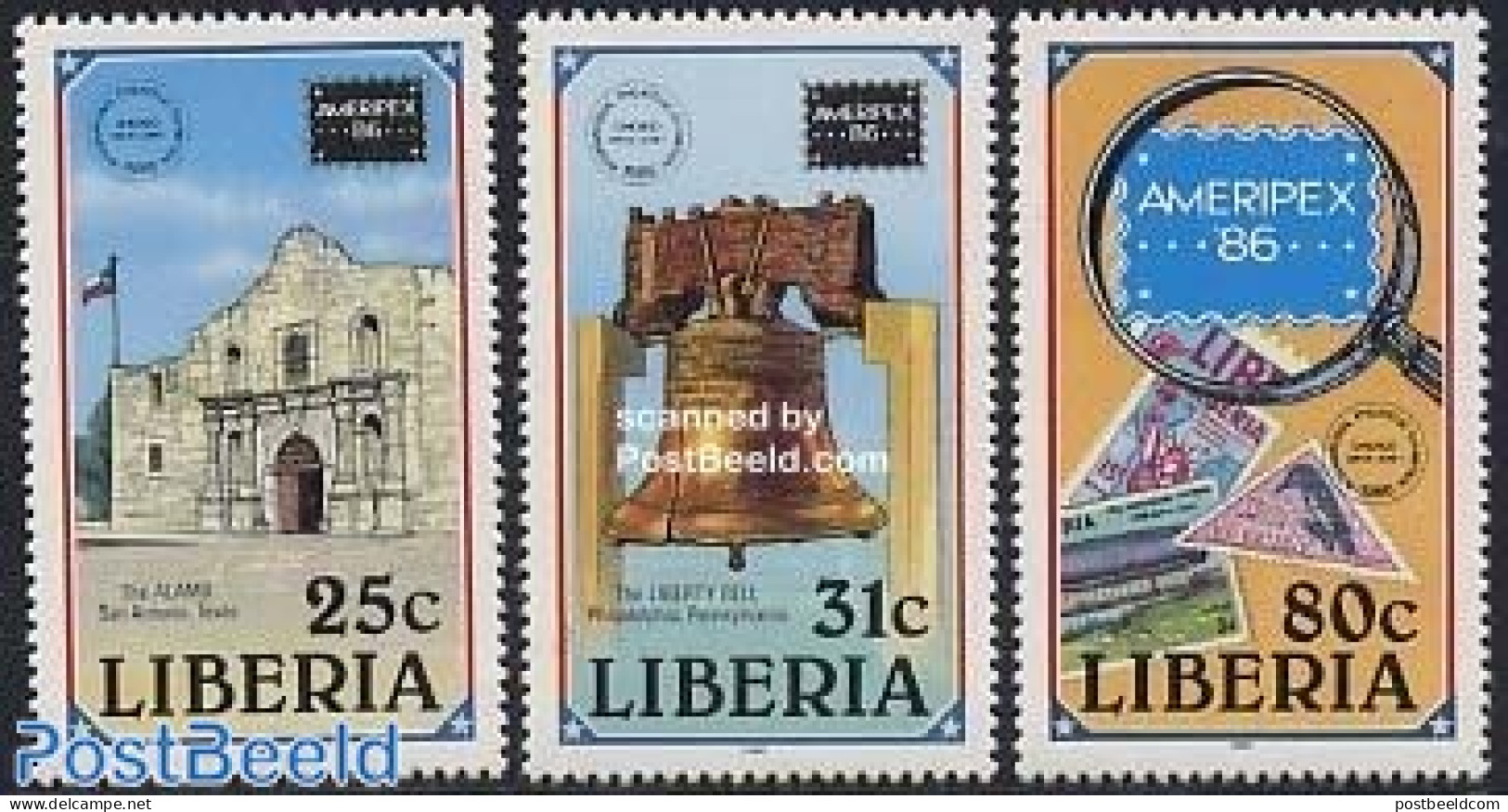 Liberia 1986 Ameripex 3v, Mint NH, Philately - Stamps On Stamps - Timbres Sur Timbres