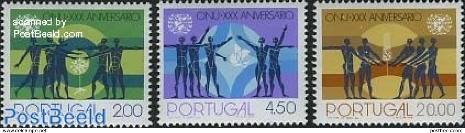 Portugal 1975 United Nations 30th Anniversary 3v, Normal Paper, Mint NH, History - United Nations - Nuovi