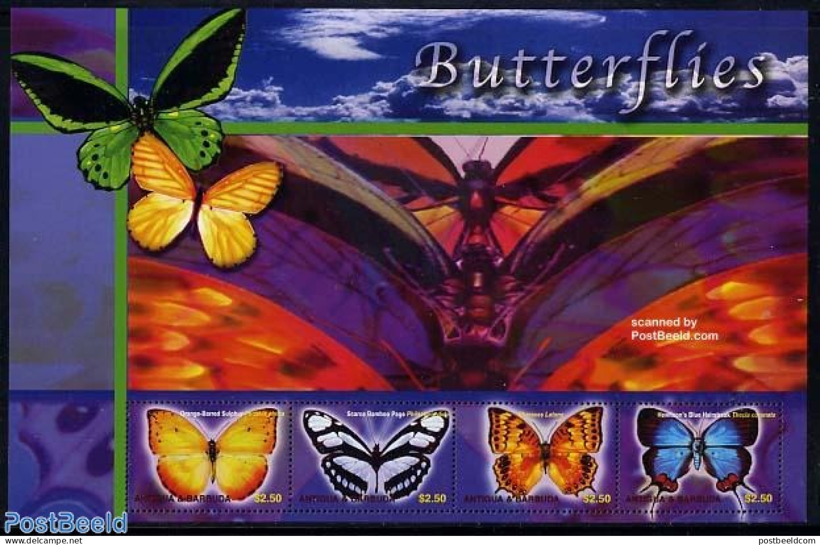 Antigua & Barbuda 2003 Butterflies 4v M/s, Orange-Barred, Mint NH, Nature - Butterflies - Antigua En Barbuda (1981-...)