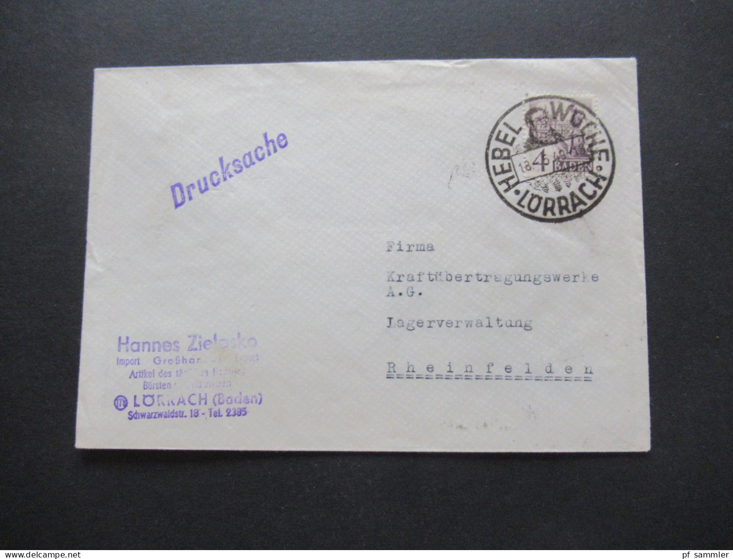 Französische Zone Baden 1949 Mi.Nr.29 EF Mit SSt Lörrach Hebel Woche Mit Abs. Stempel Hannes Zielasko Import U. Export - Baden