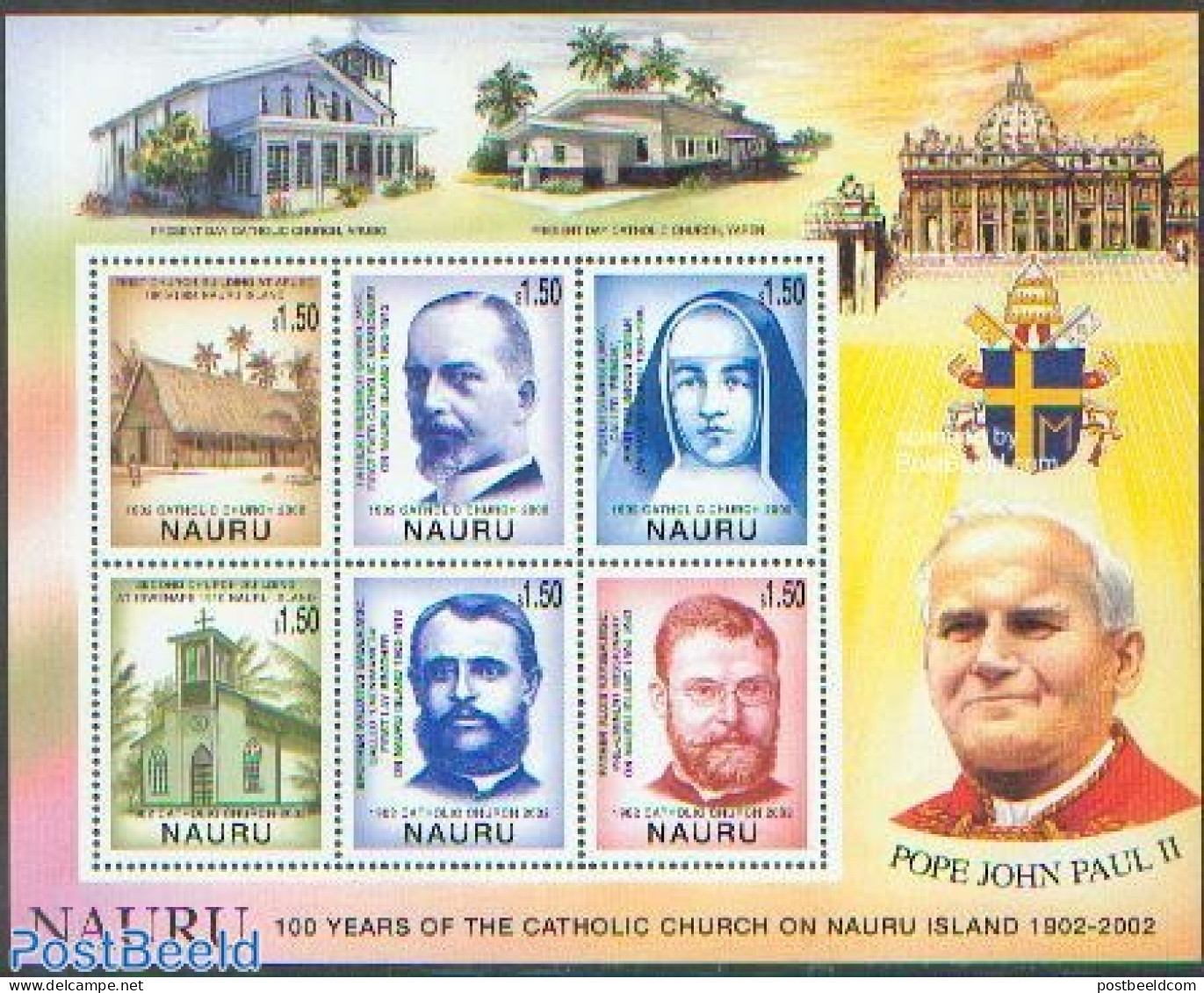 Nauru 2002 Catholic Church 6v M/s, Mint NH, Religion - Churches, Temples, Mosques, Synagogues - Pope - Religion - Iglesias Y Catedrales