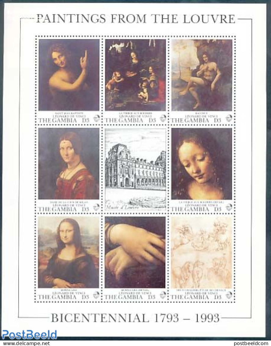 Gambia 1993 Louvre Museum 8v M/s, Mint NH, Art - Leonardo Da Vinci - Paintings - Gambie (...-1964)