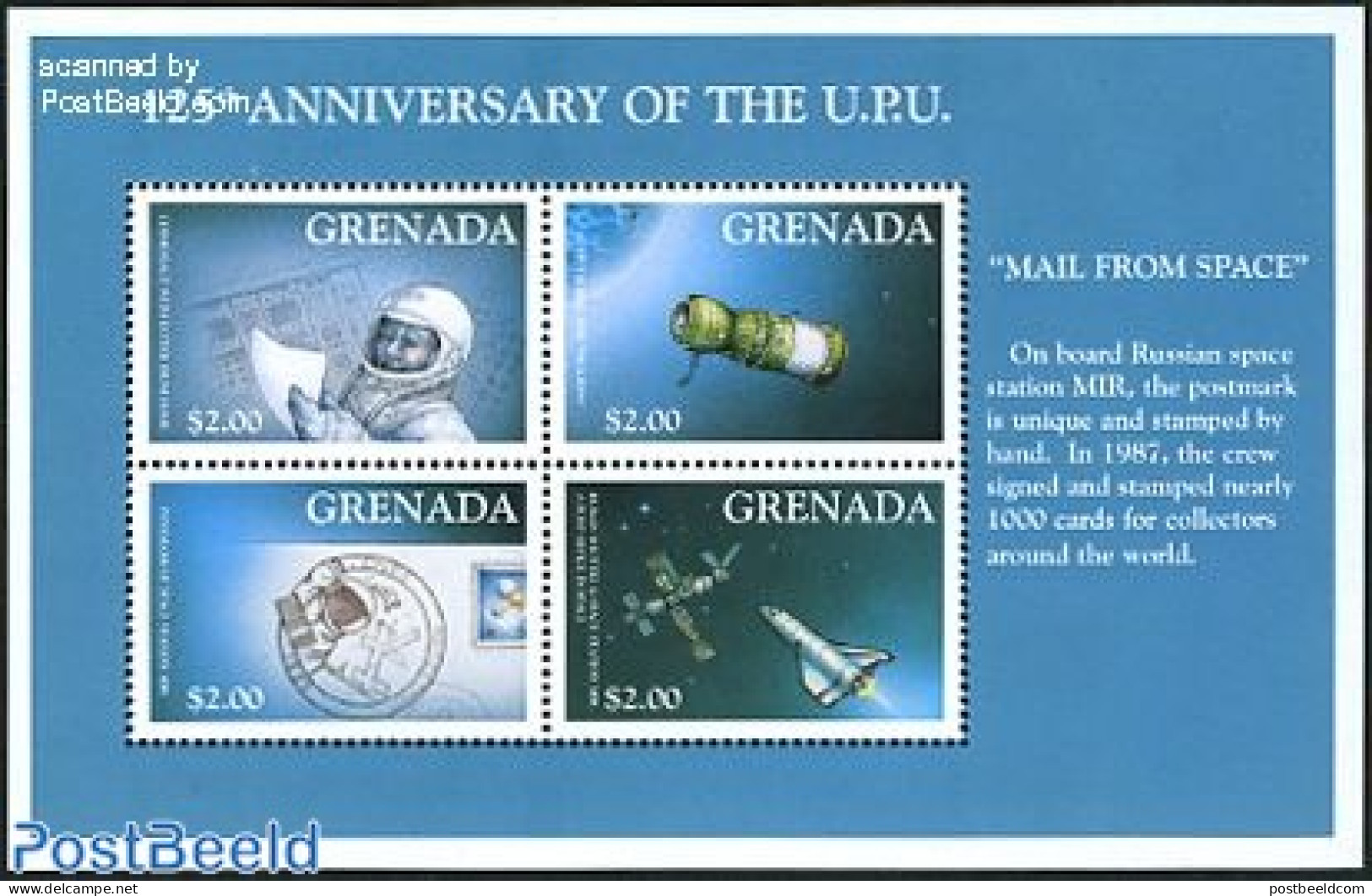 Grenada 2000 Space Post, 125 Years UPU 4v M/s, Mint NH, Transport - U.P.U. - Space Exploration - U.P.U.