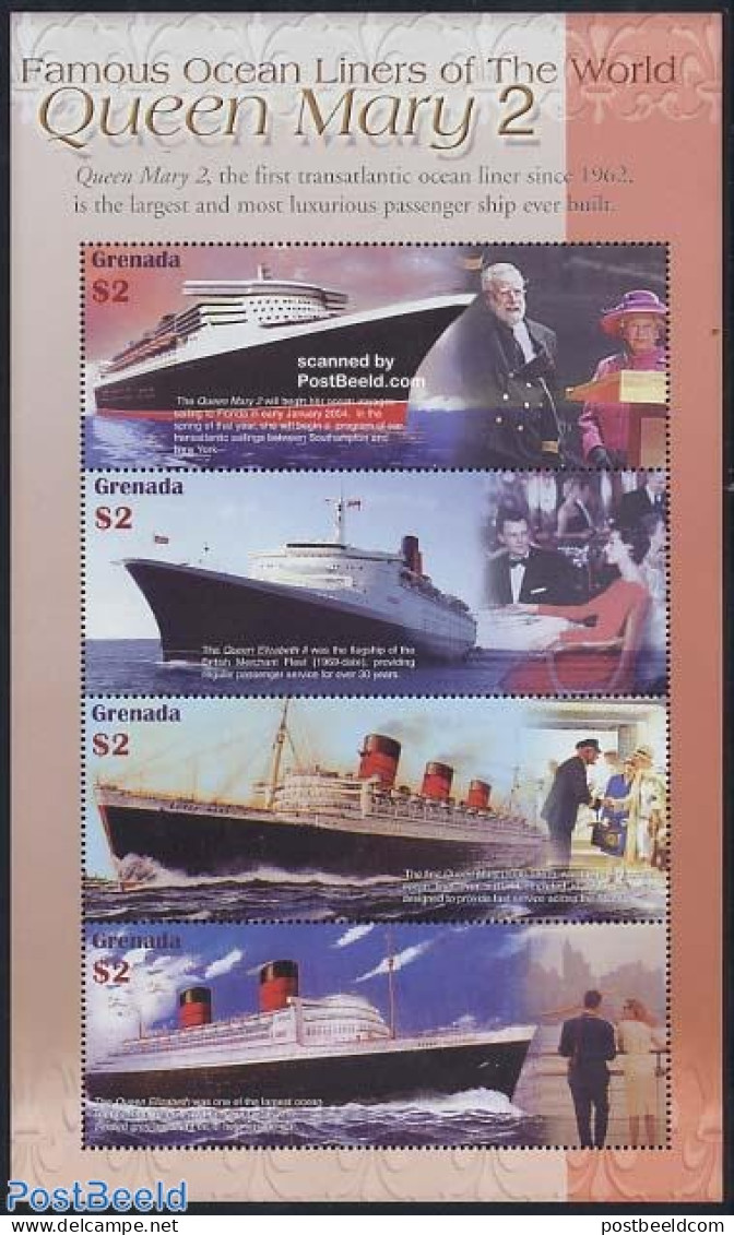 Grenada 2004 Queen Mary 2 4v M/s, Mint NH, History - Transport - Kings & Queens (Royalty) - Ships And Boats - Königshäuser, Adel