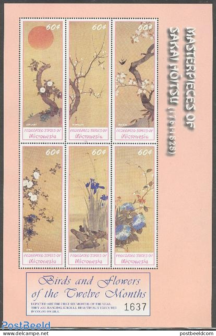 Micronesia 2002 Japanese Art 6v M/s, January-June, Mint NH, Nature - Flowers & Plants - Art - East Asian Art - Paintings - Micronésie