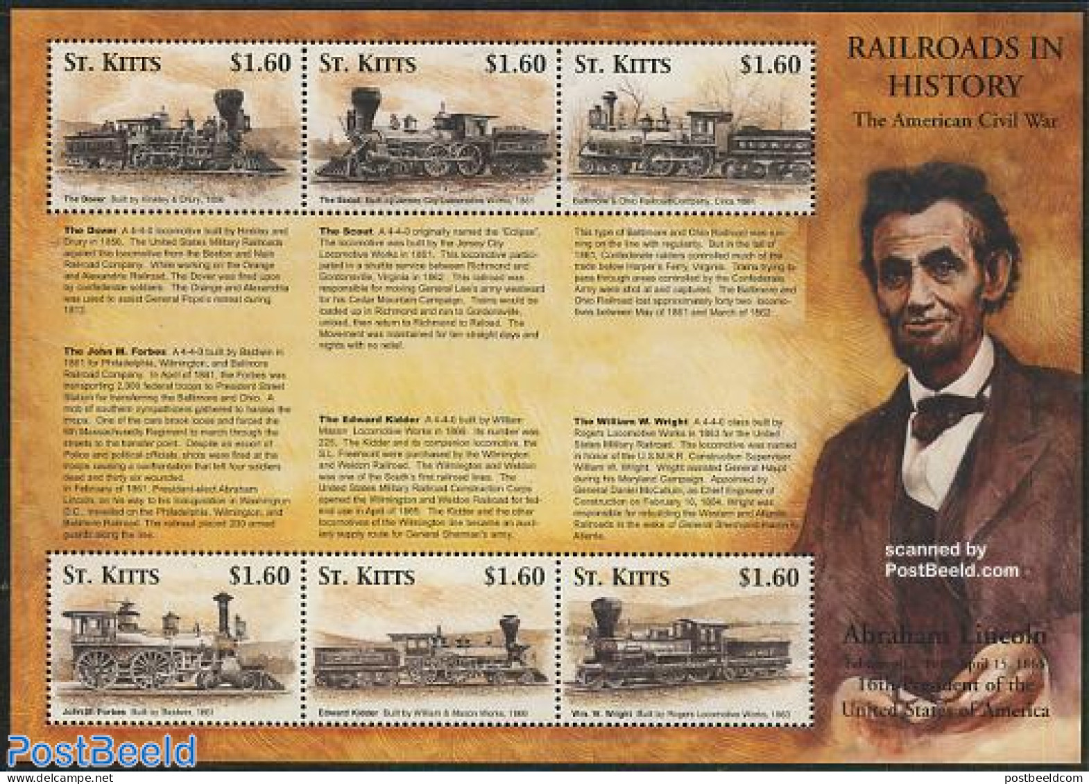 Saint Kitts/Nevis 2001 Railways 6v M/s, Dover, Mint NH, Transport - Railways - Trains