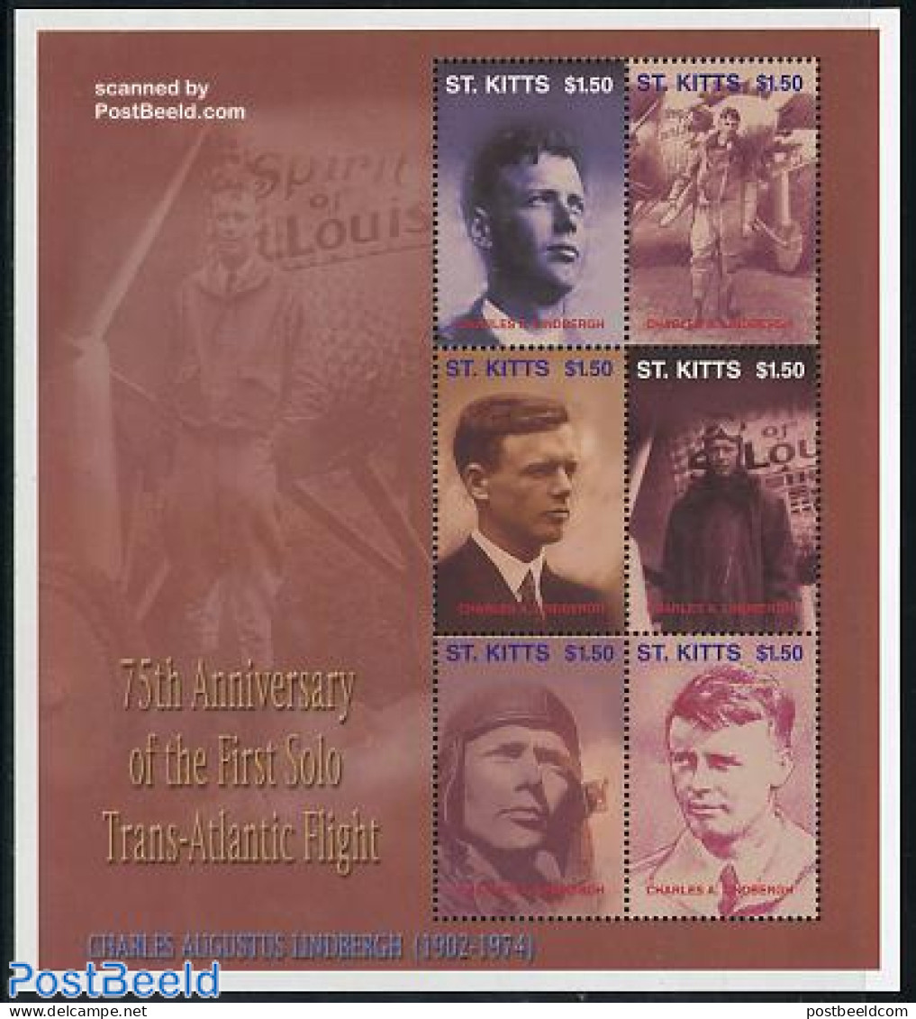 Saint Kitts/Nevis 2002 Charles Lindbergh 6v M/s, Mint NH, Transport - Aircraft & Aviation - Vliegtuigen