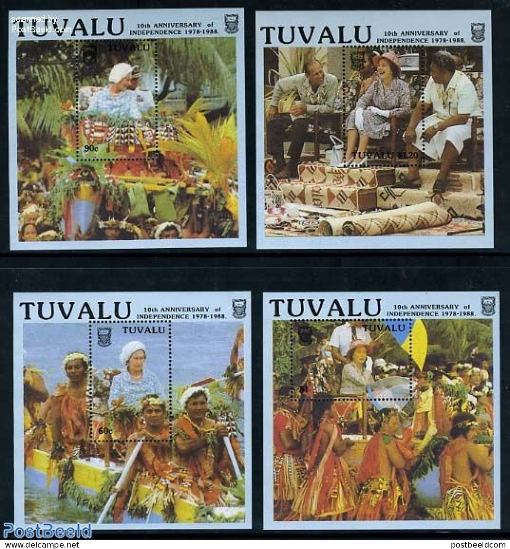 Tuvalu 1988 10 Years Independence 4 S/s, Mint NH, History - Kings & Queens (Royalty) - Königshäuser, Adel