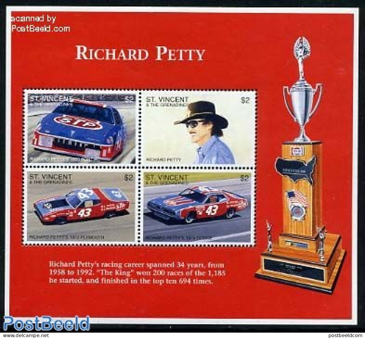 Saint Vincent 1996 Richard Petty 4v M/s, Mint NH, Sport - Transport - Autosports - Automobiles - Auto's