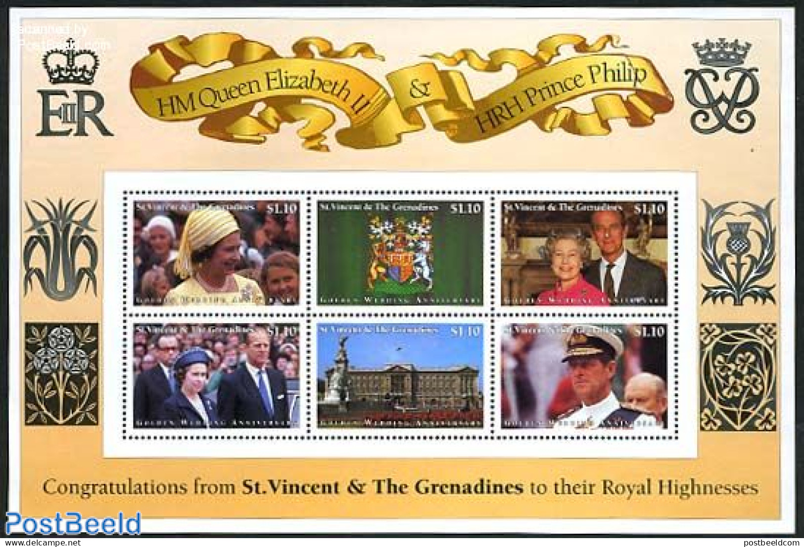 Saint Vincent 1997 Golden Wedding 6v M/s, Mint NH, History - Kings & Queens (Royalty) - Königshäuser, Adel