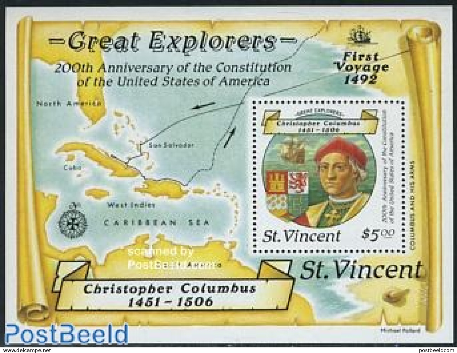 Saint Vincent 1988 Chr. Columbus S/s, Mint NH, History - Transport - Various - Coat Of Arms - Explorers - Ships And Bo.. - Explorateurs