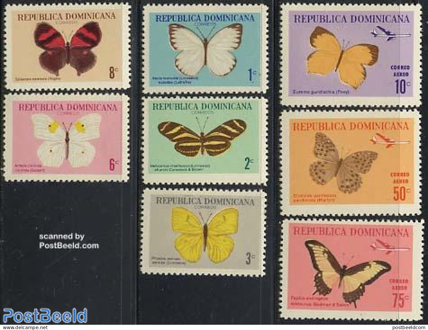 Dominican Republic 1966 Butterflies 8v, Mint NH, Nature - Transport - Butterflies - Aircraft & Aviation - Vliegtuigen