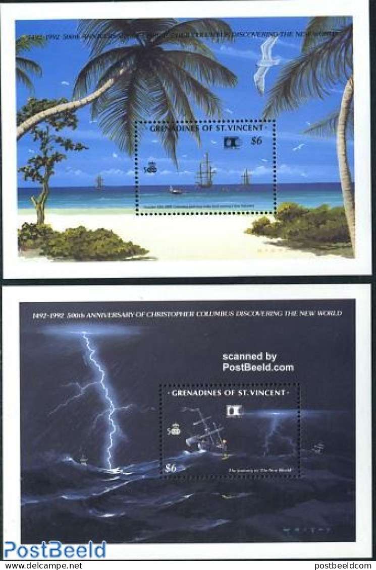 Saint Vincent & The Grenadines 1992 Discovery Of America 2 S/s, Mint NH, History - Transport - Explorers - Ships And B.. - Esploratori