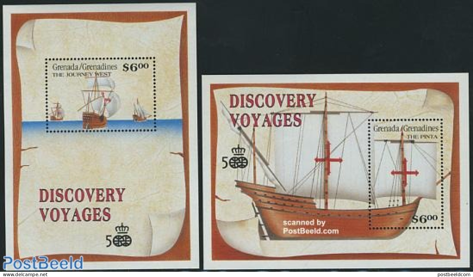 Grenada Grenadines 1991 Discovery Of America 2 S/s, Mint NH, History - Transport - Explorers - Ships And Boats - Esploratori