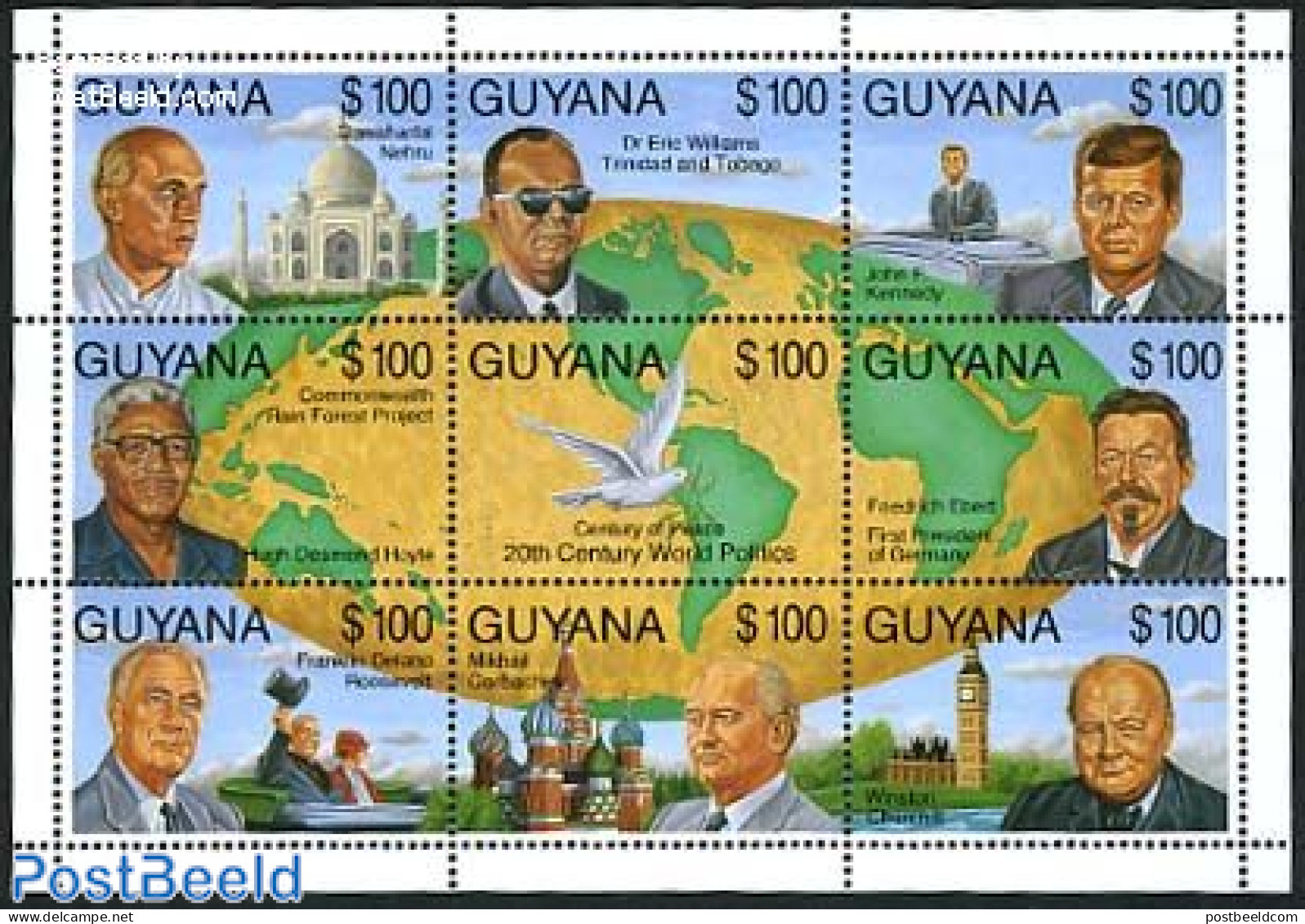 Guyana 1993 20th Century Politicians 9v M/s, Mint NH, History - American Presidents - Churchill - Germans - Nobel Priz.. - Sir Winston Churchill