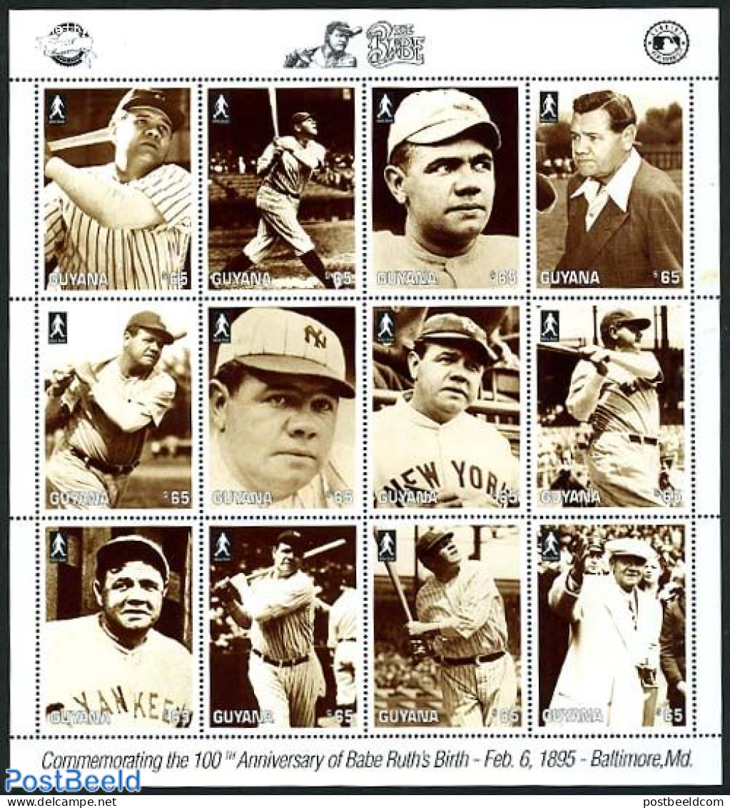 Guyana 1995 Babe Ruth 12v M/s, Mint NH, Sport - Baseball - Sport (other And Mixed) - Base-Ball