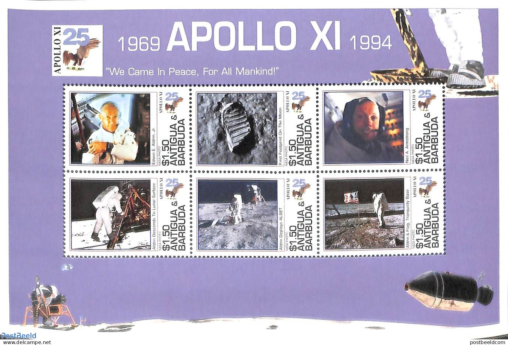 Antigua & Barbuda 1994 Moonlanding 6v M/s, Mint NH, Transport - Space Exploration - Antigua And Barbuda (1981-...)