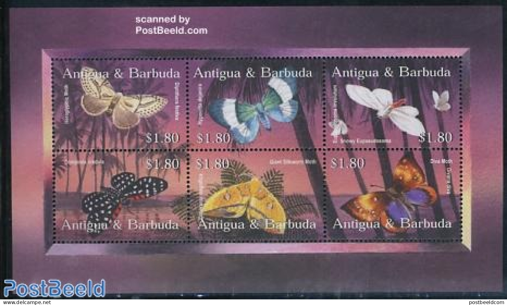 Antigua & Barbuda 2002 Moth 6v M/s /Heroglyphic Moth, Mint NH, Nature - Butterflies - Antigua E Barbuda (1981-...)