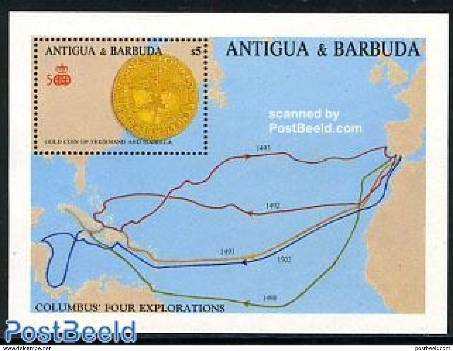 Antigua & Barbuda 1988 Discovery Of America S/s, Mint NH, History - Transport - Various - Explorers - Ships And Boats .. - Esploratori