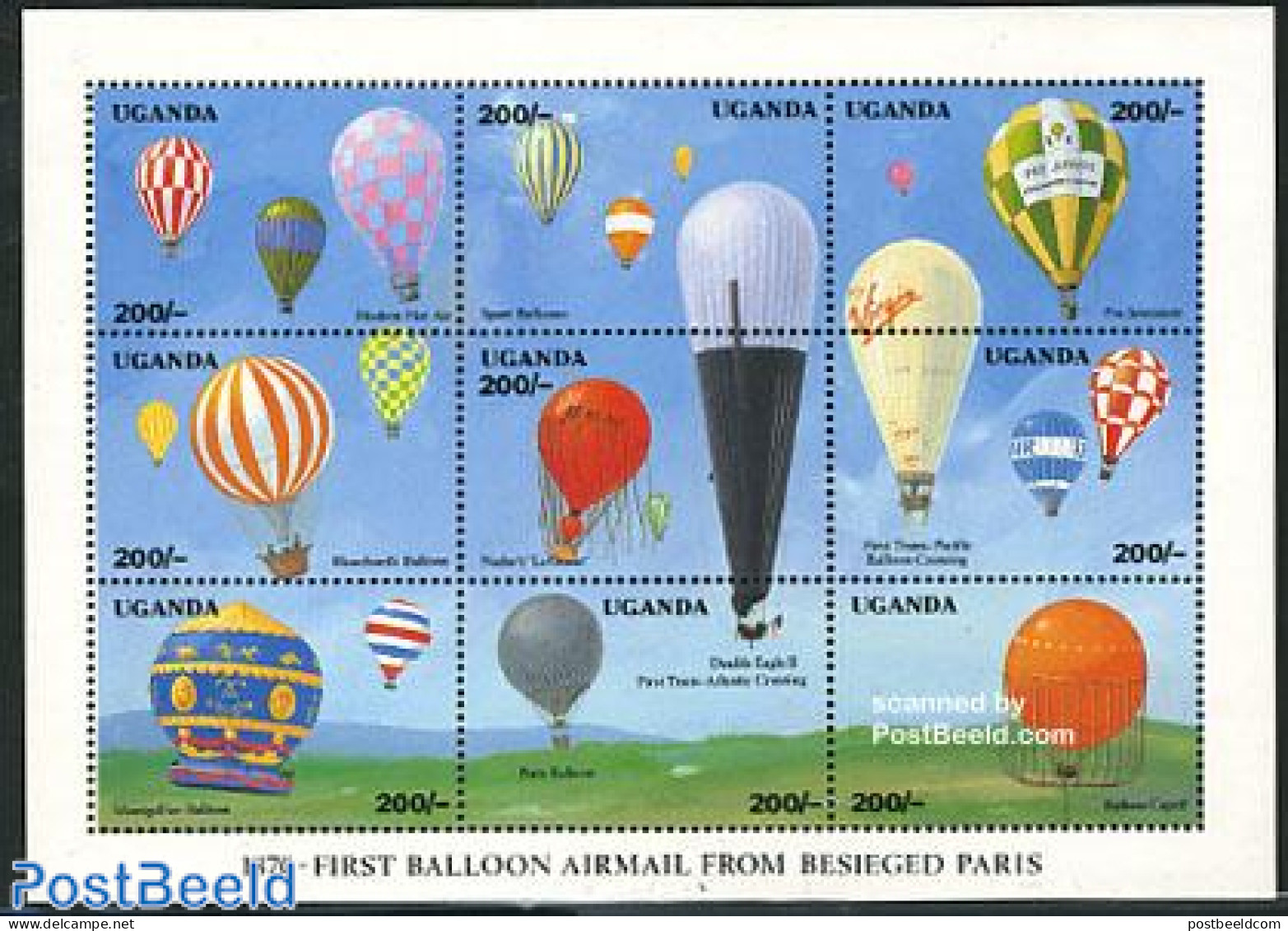 Uganda 1992 Balloons 9v M/s, Mint NH, Transport - Balloons - Fesselballons