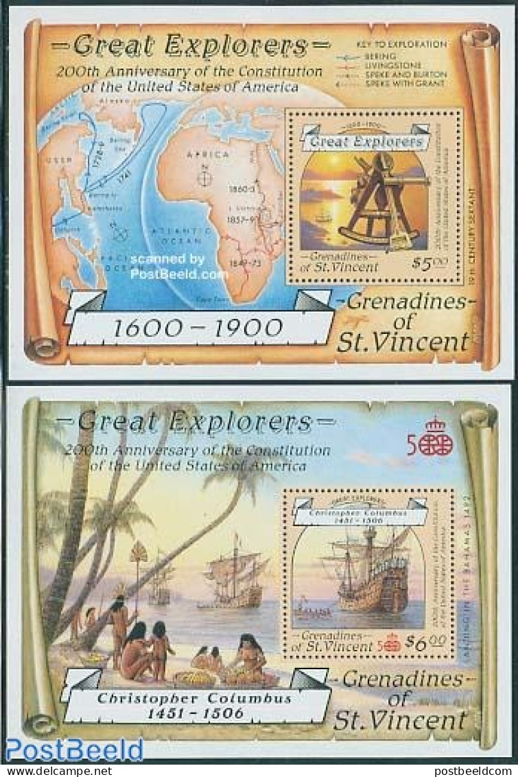 Saint Vincent & The Grenadines 1988 Explorers 2 S/s, Mint NH, History - Transport - Various - Explorers - Ships And Bo.. - Esploratori