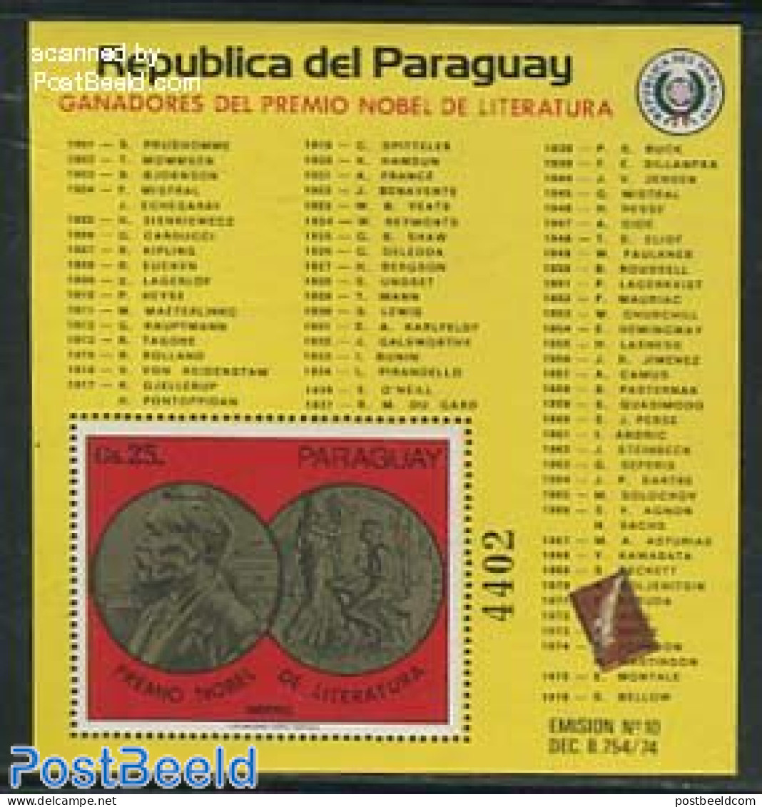 Paraguay 1977 Nobel Prize Literature S/s, Mint NH, History - Nobel Prize Winners - Art - Authors - Nobelpreisträger