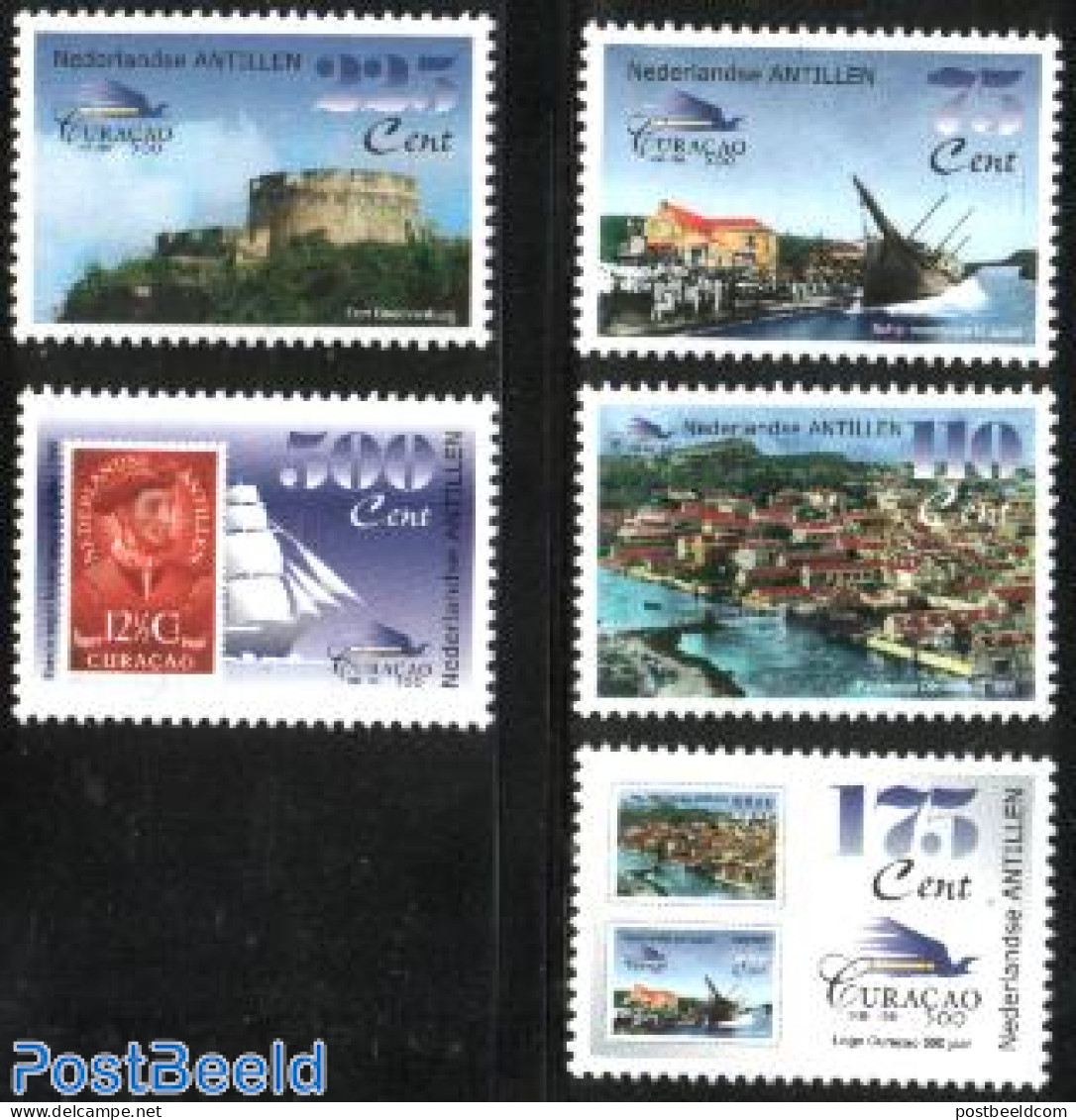 Netherlands Antilles 1999 500 Years Curacao 5v, Mint NH, Transport - Stamps On Stamps - Ships And Boats - Art - Castle.. - Timbres Sur Timbres