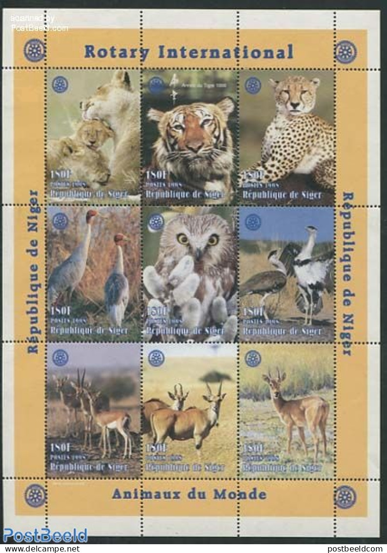 Niger 1998 Animals 9v M/s, Mint NH, Nature - Various - Animals (others & Mixed) - Birds - Cat Family - Owls - Rotary - Rotary, Lions Club