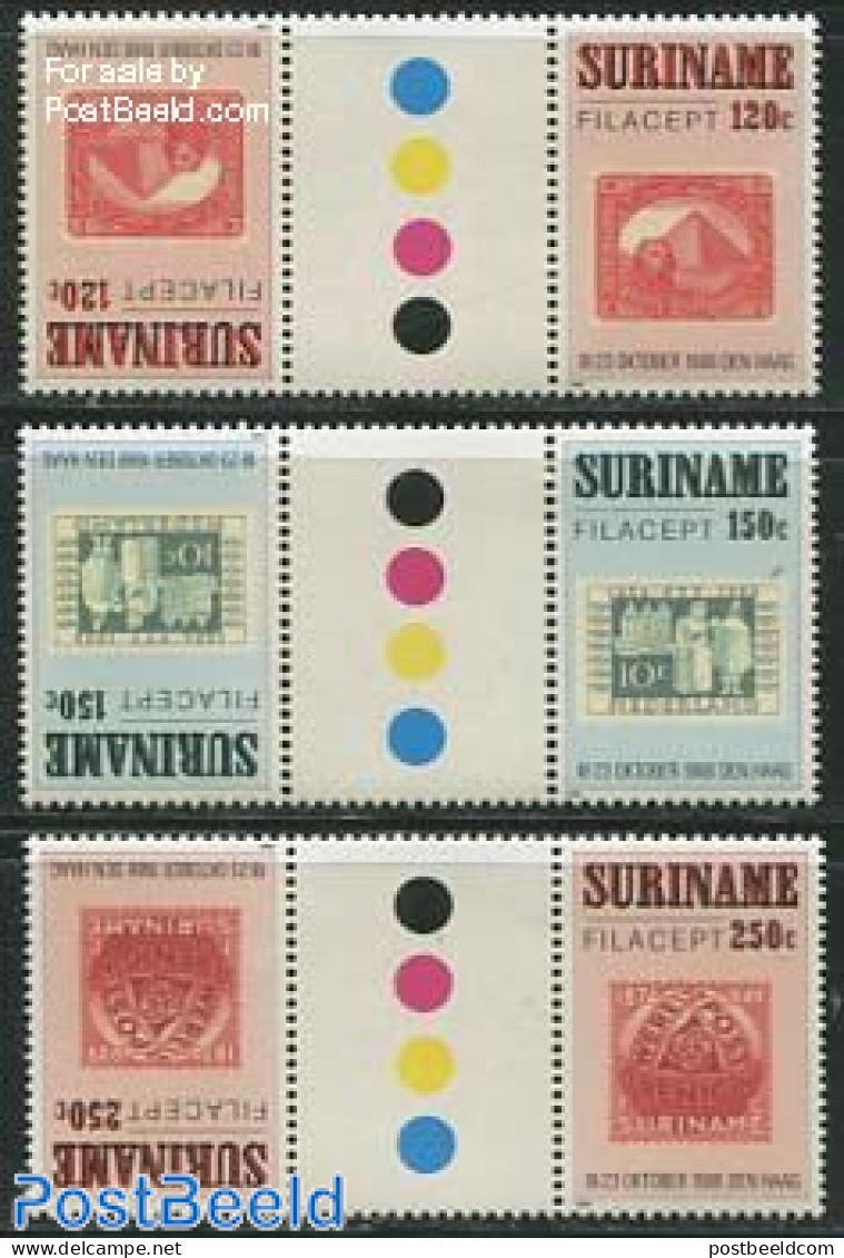 Suriname, Republic 1988 Filacept 3v, Gutter Pairs, Mint NH, Stamps On Stamps - Stamps On Stamps