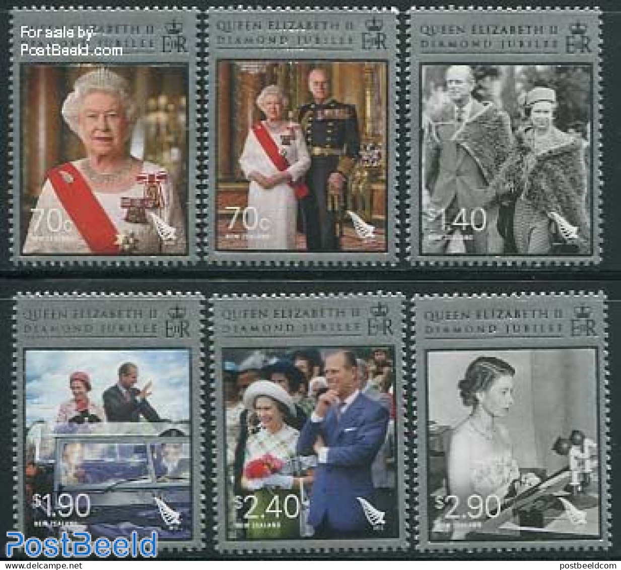 New Zealand 2012 Diamond Jubilee 6v, Mint NH, History - Transport - Decorations - Kings & Queens (Royalty) - Automobiles - Ungebraucht