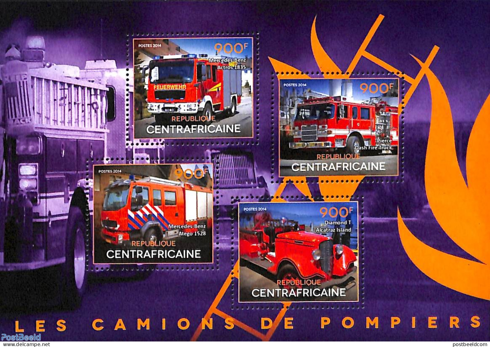 Central Africa 2014 Fire Engines 4v M/s, Mint NH, Transport - Fire Fighters & Prevention - Bombero