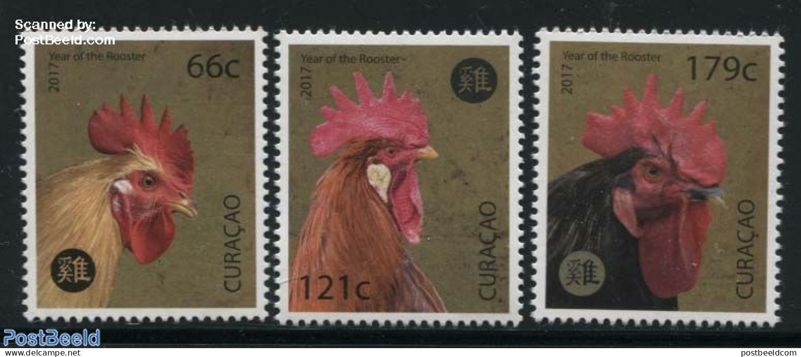 Curaçao 2017 Year Of The Rooster 3v, Mint NH, Nature - Various - Birds - Poultry - New Year - Nieuwjaar