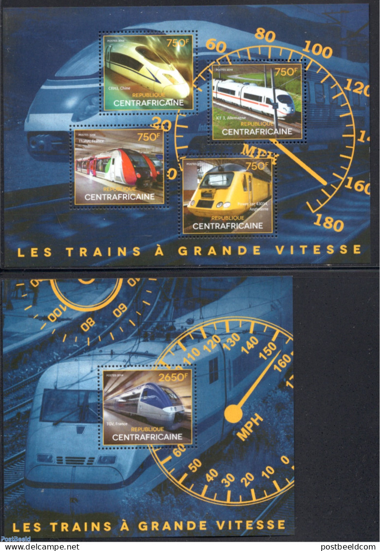 Central Africa 2014 Railways 2 S/s, Mint NH, Science - Transport - Telephones - Stamps On Stamps - Railways - Télécom