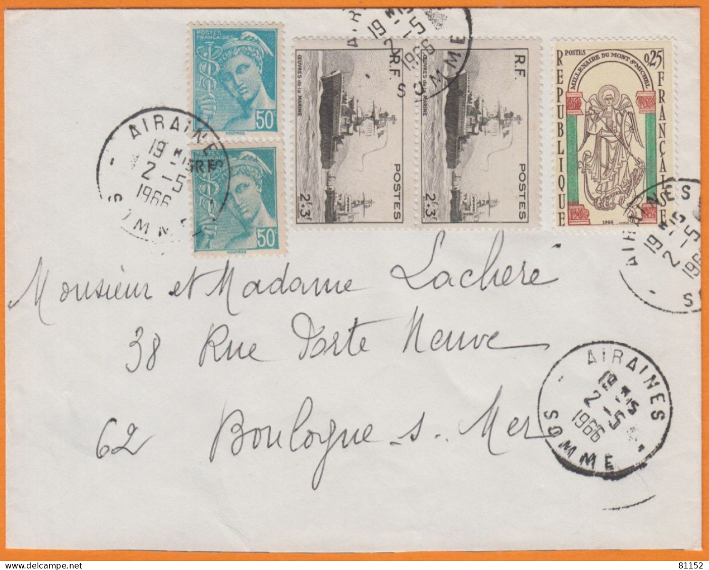 Composition Philatélique Sur Lettre Le 2 5 1966 De 80 AIRAINES Pour 62 BOULOGNE Sur MER Avec 5 Timbres - Lettres & Documents