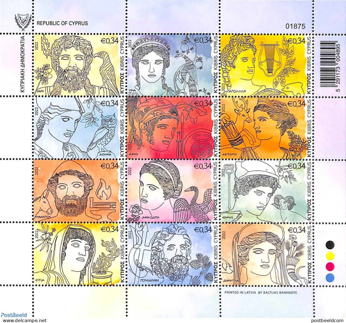 Cyprus 2022 12 Olympic Gods 12v M/s, Mint NH, Nature - Religion - Birds - Owls - Greek & Roman Gods - Neufs