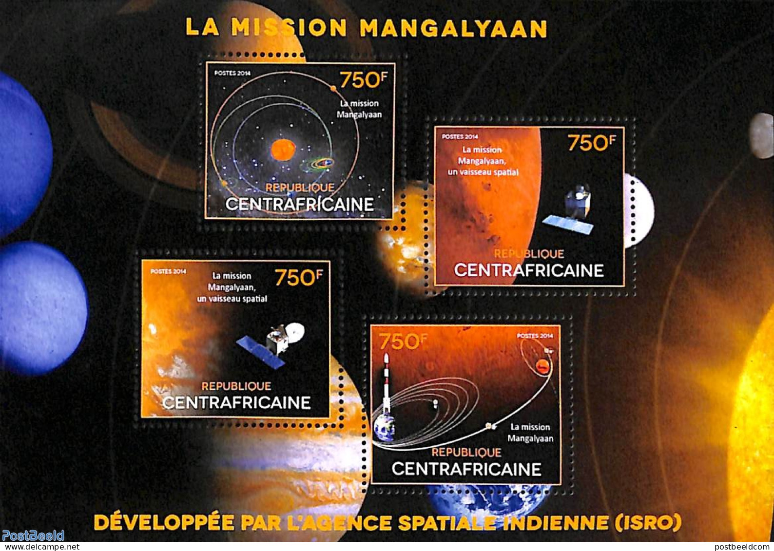 Central Africa 2014 Mangalyaan Mission 4v M/s, Mint NH, Transport - Space Exploration - Centrafricaine (République)