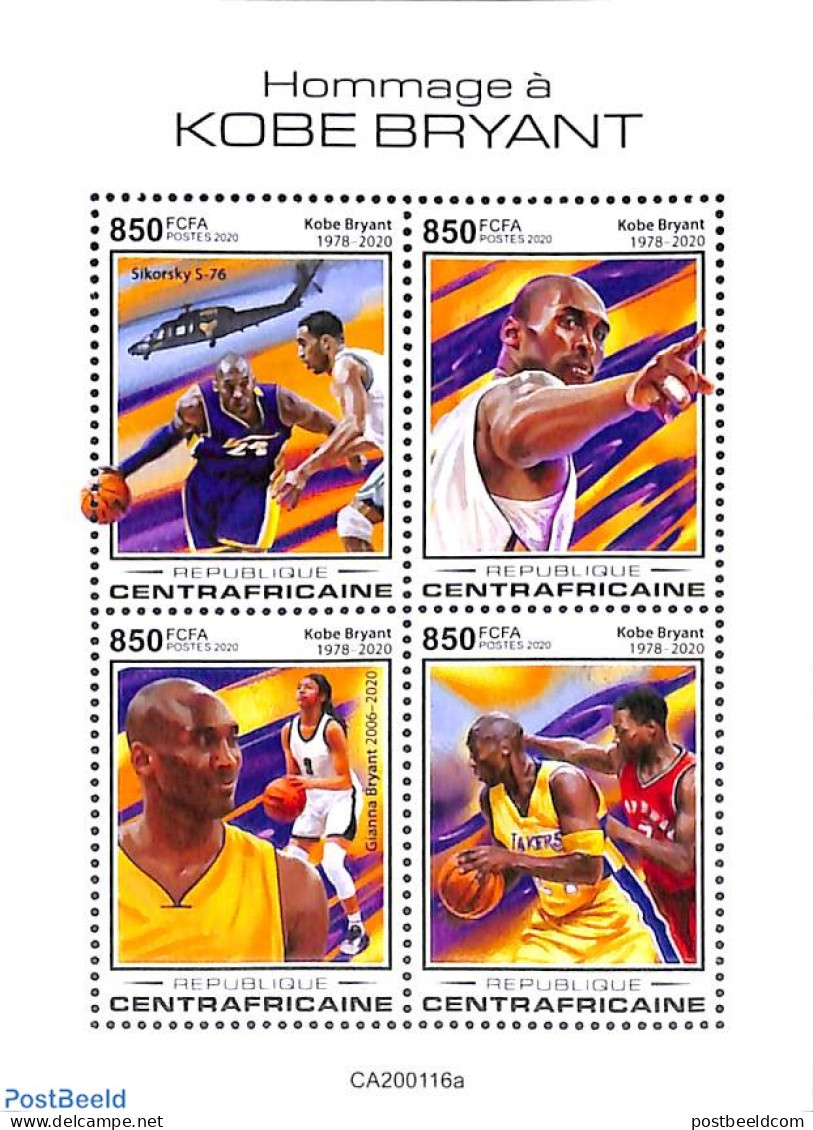 Central Africa 2020 Kobe Bryant 4v M/s, Mint NH, Sport - Transport - Basketball - Helicopters - Pallacanestro