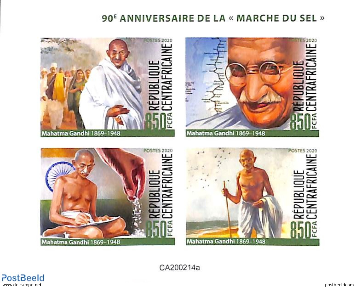 Central Africa 2020 M. Gandhi 4v M/s, Imperforated, Mint NH, History - Various - Gandhi - Maps - Mahatma Gandhi