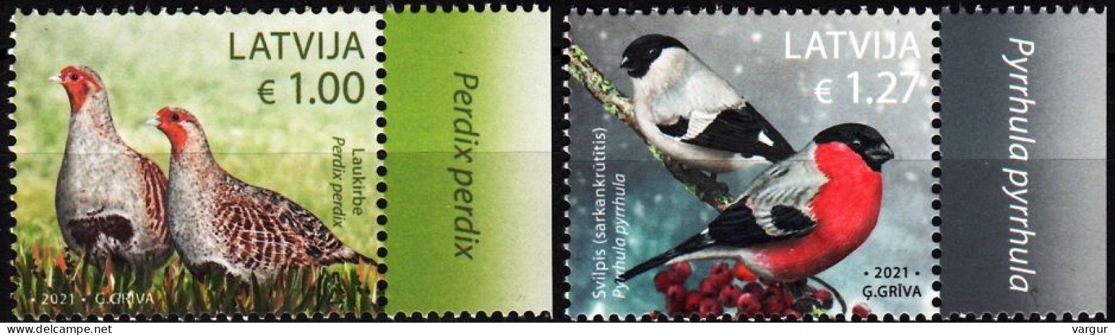 LATVIA 2021-12 FAUNA: Birds. Latin Names Margins, MNH - Grey Partridge