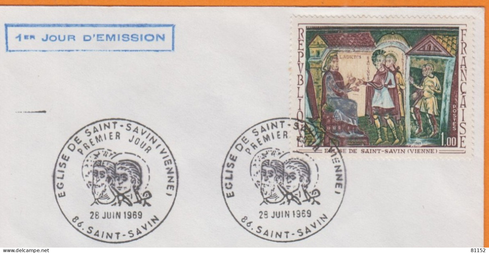 86 SAINT-SAVIN Cachet  1er Jour Y.et.T. 1588 Fresque De L'Abbaye Le 25 Juin 1969  Sur Lettre - 1960-1969