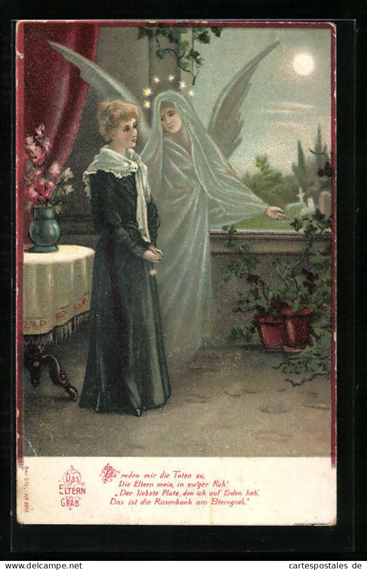 Lithographie Das Elterngrab. Trauernde Frau Steht Mit Einem Schutzengel Am Fenster  - Begrafenis