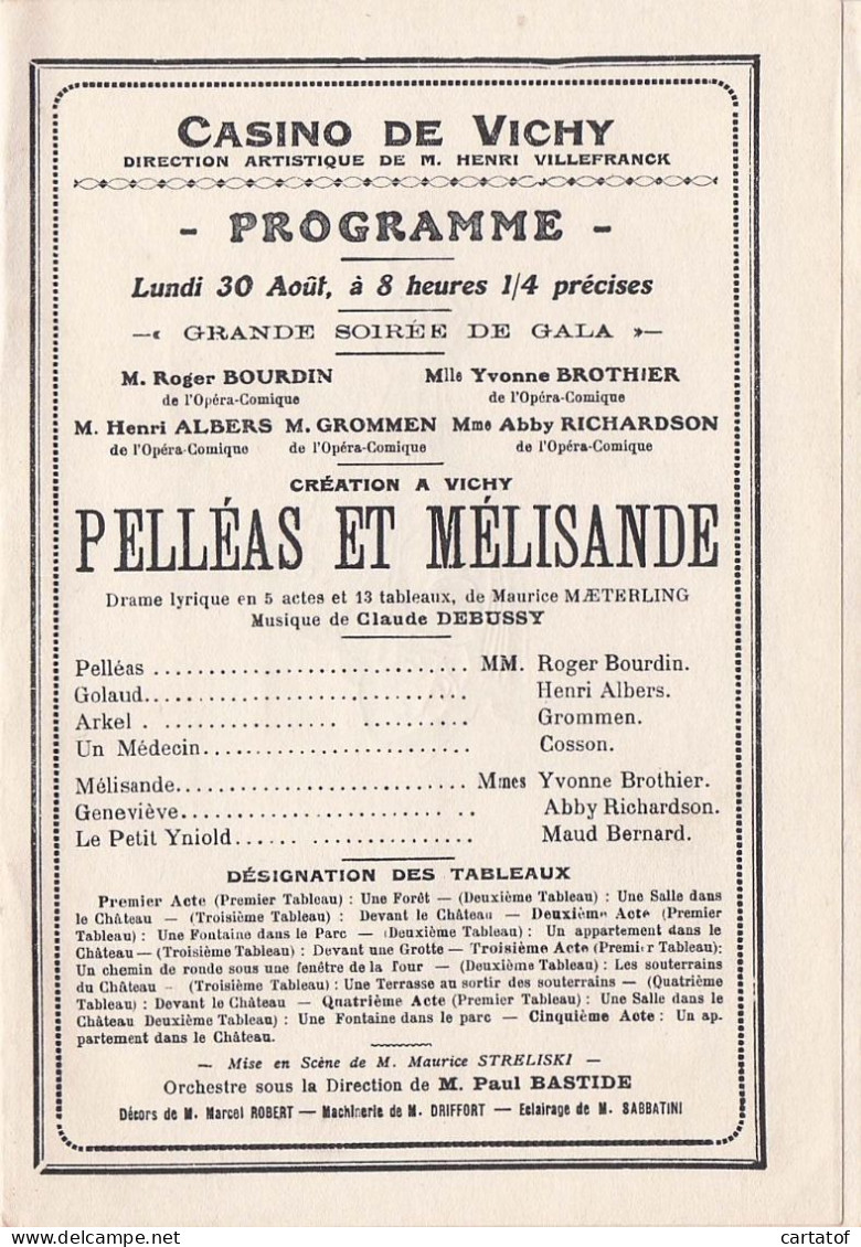 Casino De VICHY . Saison 1926 . 30 Aout . PELLEAS Et MELISANDE . Programme . - Programme