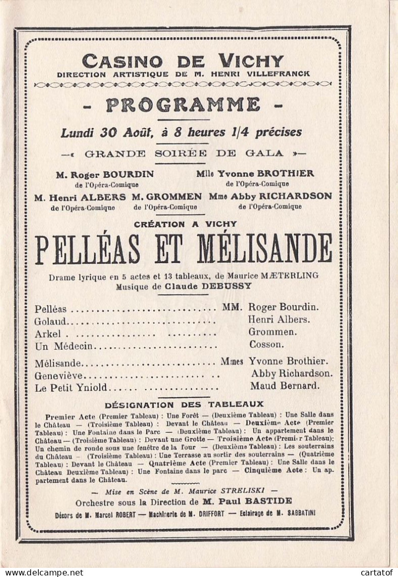 Casino De VICHY . Saison 1926 . 30 Aout . PELLEAS Et MELISANDE . Programme . - Programas
