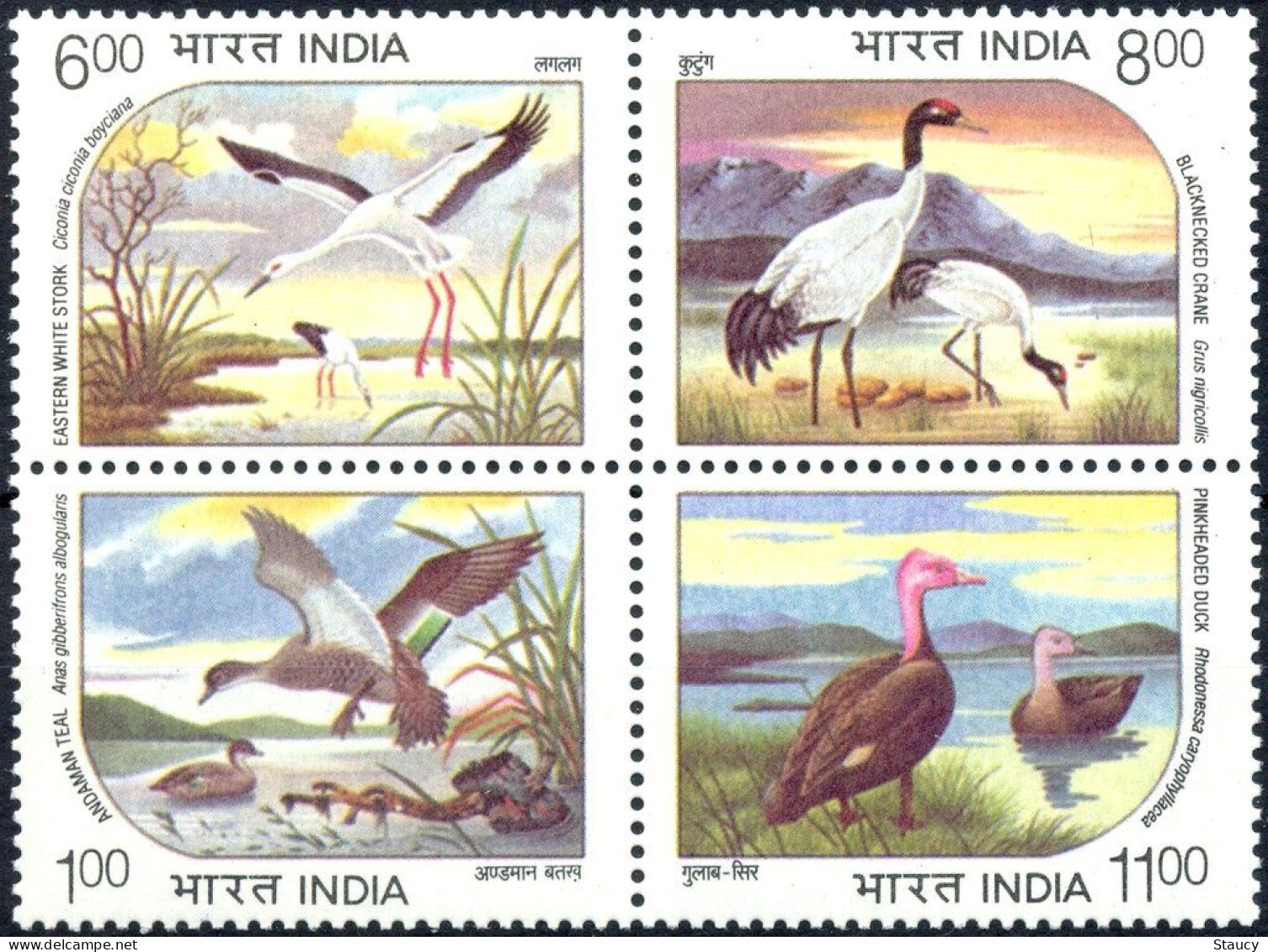 INDIA 1994 Endangered Water Birds Set (Sg#1603-6) MNH "WITHDRAWN" ISSUE Block As Per Scan - Geese