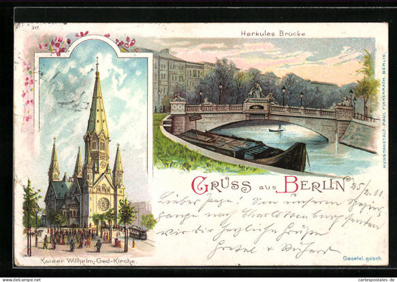 Lithographie Berlin-Tiergarten, Herkules-Brücke Und Kaiser Wilhelm Gedächtnis Kirche  - Tiergarten