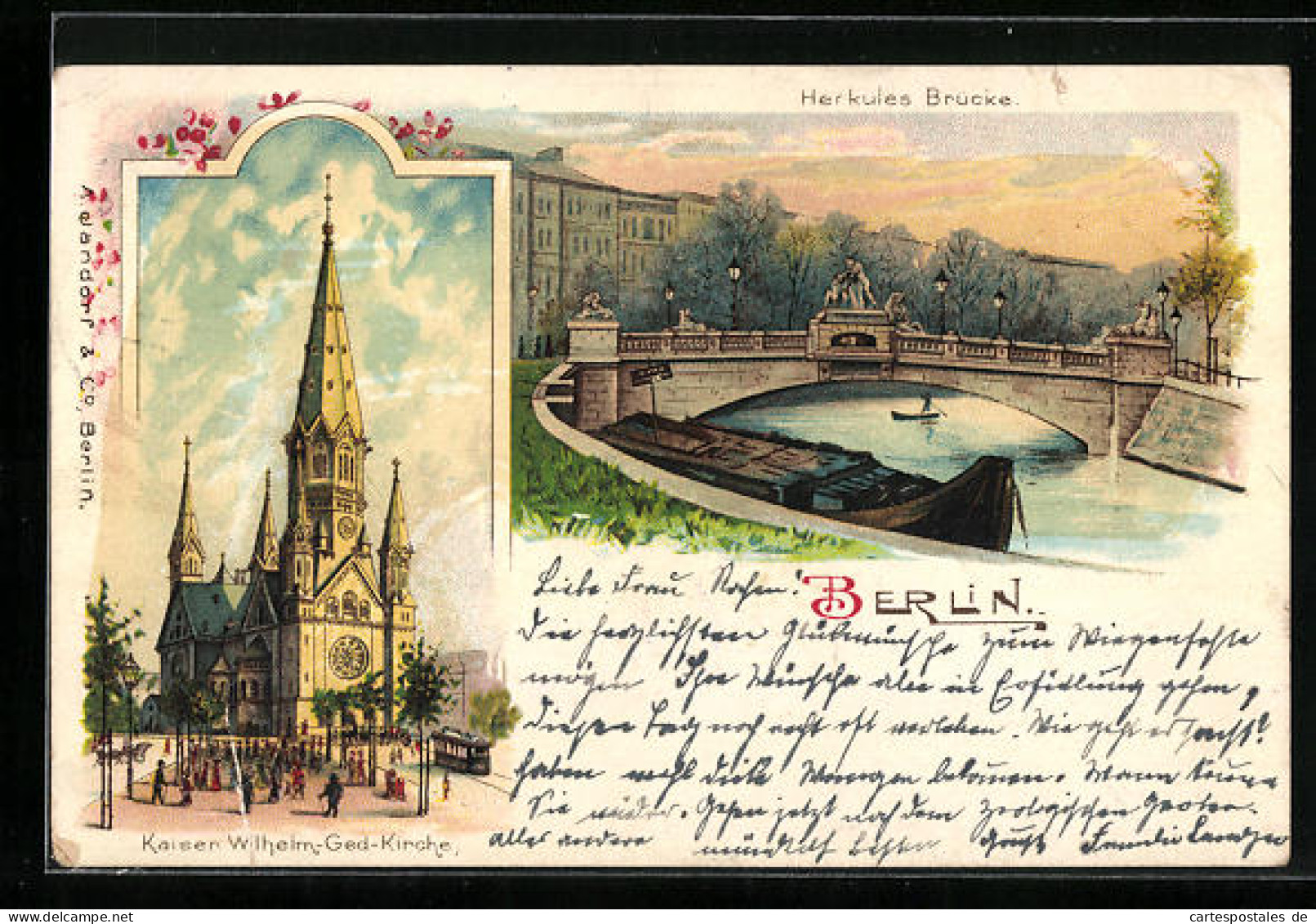 Lithographie Berlin-Tiergarten, Kaiser Wilhelm Gedächtnis Kirche, Herkules Brücke  - Dierentuin